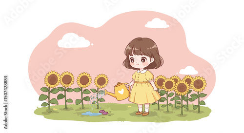 Little girl watering sunflowers in garden with pink sky and fluffy clouds in background 