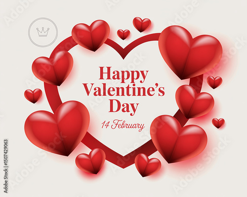 Happy Valentines Day greeting card with red hearts and ribbon