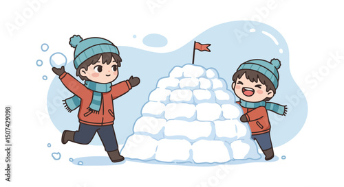 Two children playing with snowballs near igloo winter scene with scarves and hats 