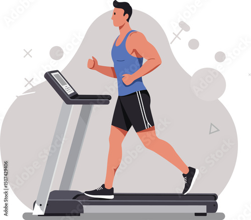 Man running on treadmill exercising indoors for fitness and health lifestyle activity vector illustration 
