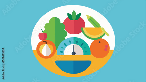 Nutritional Guidance A colorful plate filled with diverse fruits and vegetables accompanied by a measuring scale to illustrate healthy eating and portion control advice.