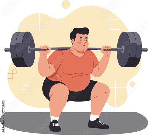 Overweight man performing barbell squat exercise for strength training and fitness improvement in gym environment 