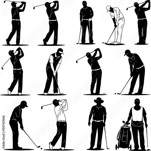 Golfers in Action: Silhouettes of Diverse Players in Various Swing Positions