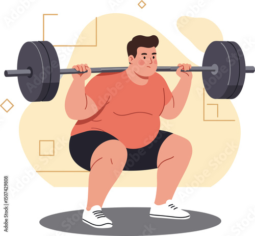 Overweight man lifting heavy barbell performing squat exercise for strength training and fitness improvement vector illustration 