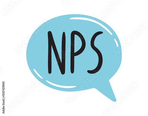 Nps, abbreviation net promoter score. Nps speech bubble lettering doodle hand drawn text.
