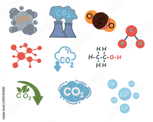 Nine illustrations related to carbon dioxide (CO2) and its molecular structure are arranged in a grid. The top row includes a cloud of gas with CO2, two mokestacks emitting smoke labeled CO2