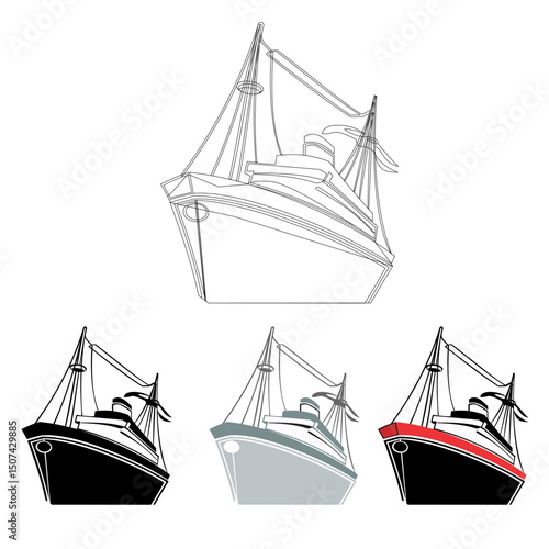 sea ship vector icon, line icon, black color, dark white, red mixed with black, good to use for image backgrounds