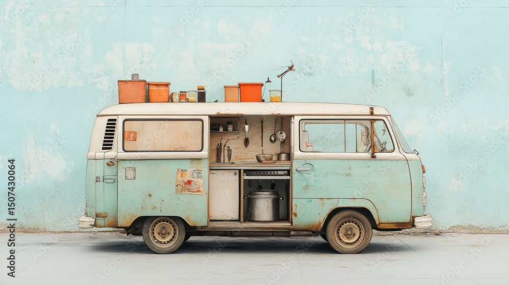 Fototapeta premium Charming Van Cooking Scene with Open Doors – Drawn by a Child