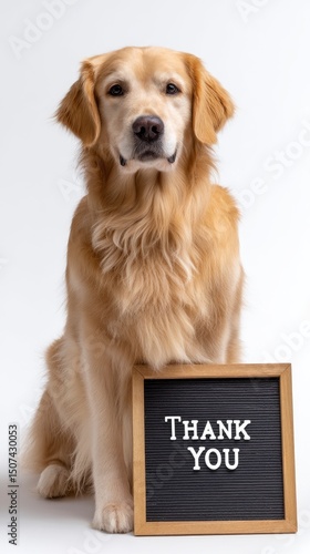 Golden retriever dog sitting with a Thank You sign
