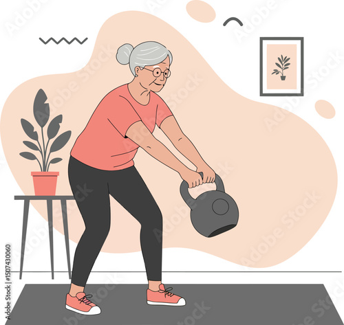 Elderly woman exercising with kettlebell in home fitness routine for healthy lifestyle and active aging 
