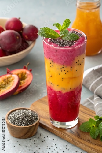Wallpaper Mural Layered Magenta and Orange Chia Seed Smoothie with Fresh Mint and Grapefruit on Blurred Background Torontodigital.ca