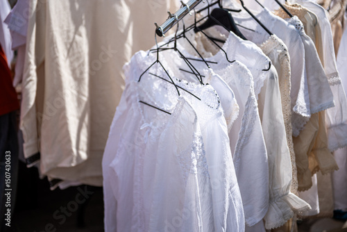 Obraz na płótnie White clothing hanging on hangers at outdoor market stall w salonie