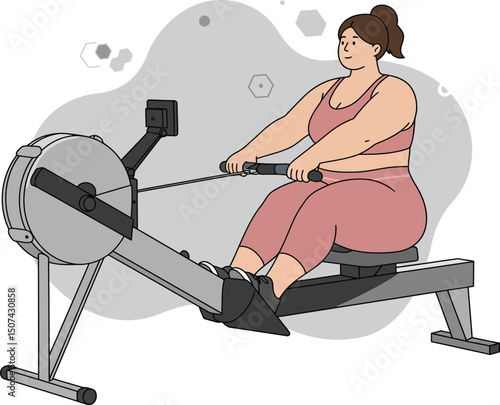 Woman using rowing machine for indoor fitness exercise in gym vector illustration 