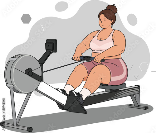 Woman exercising on rowing machine fitness equipment in home gym workout session vector illustration 