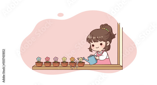 Young girl watering colorful potted flowers on windowsill in cozy home setting with pink background 