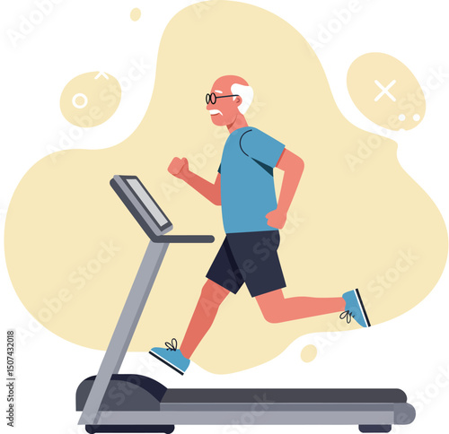 Elderly man running on treadmill exercising for health and fitness lifestyle indoors vector illustration 