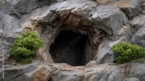 Rock cave entrance framed by stone with small green shrubbery on either side The cave mouth is dark and vertical