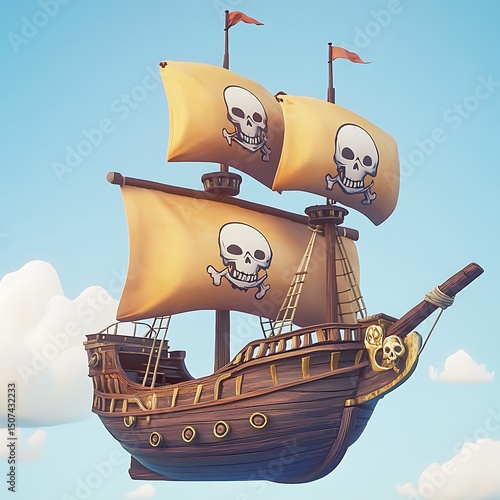 A cartoon pirate ship sailing in the sky.