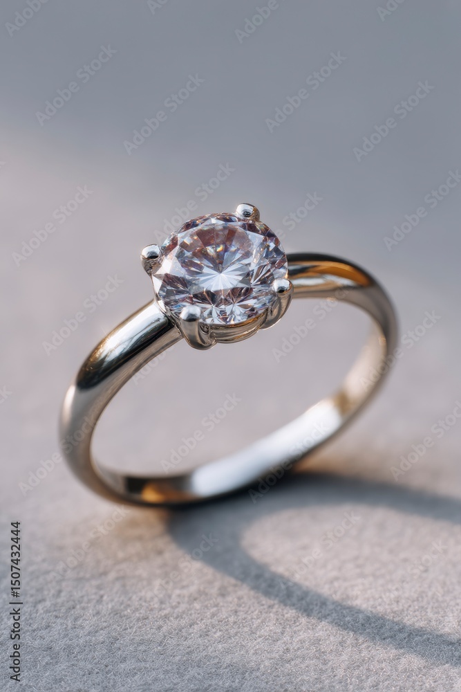 Silver ring with a sparkling diamond on a gray surface casting a soft shadow Silver ring with a sparkling diamond on a gray surface casting a soft shadow