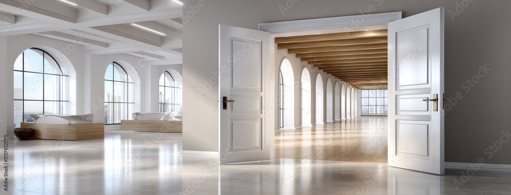 Obraz premium Soft shadows illuminate a minimalist white room featuring an open door that invites exploration into another space