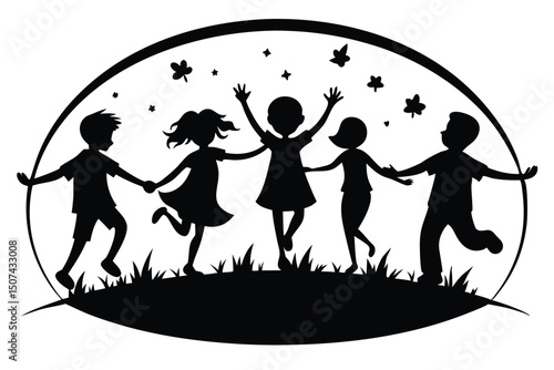 Happy Kids Playing Silhouette Nature