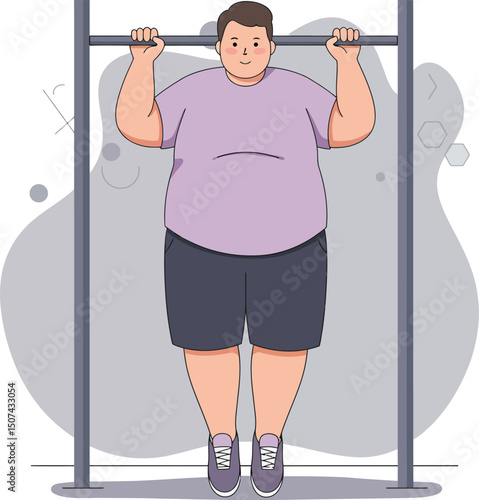 Overweight man exercising with pull up bar fitness workout for health and strength building vector illustration 