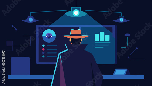 Analyzing Footage A detective in a dark room closely examining security footage on a large screen with facial recognition data overlayed on the video.