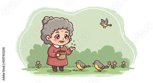 Elderly woman feeding birds in a peaceful garden with green background and small flowers 