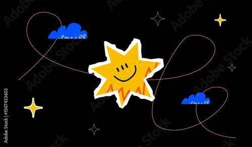 Stylized and vivid illustration featuring a textured smiling star. Print or cover design.