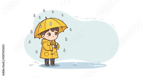 Child wearing yellow raincoat holding yellow umbrella in rainy weather with blue background and raindrops falling naturally 