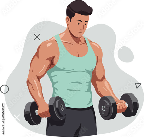 Muscular man lifting dumbbells in gym workout exercise for strength training vector illustration 