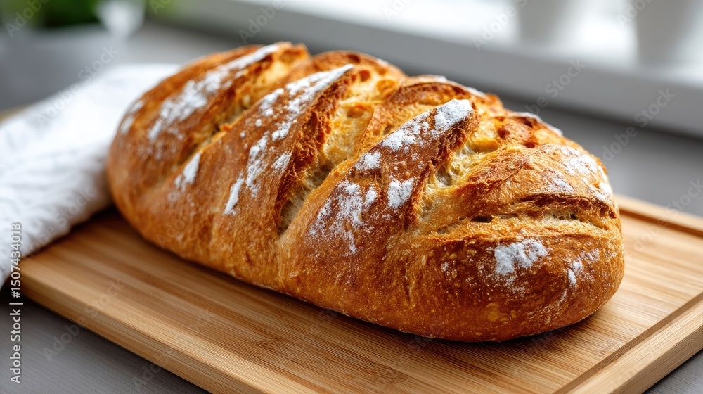 Warm sourdough bread rests on a bamboo board, surrounded by flour and a white towel in a sunlit, cozy kitchen Warm sourdough bread rests on a bamboo board, surrounded by flour and a white towel in a sunlit, cozy kitchen