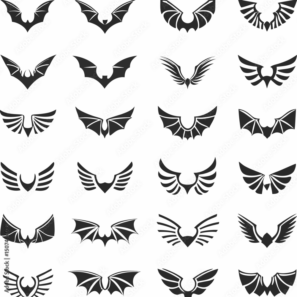 Fototapeta premium Wing logo designs, vector wing set. Artistic wing illustrations including eagle, angel, bird, bat, and minimalist icons for tattoos, emblems, branding, or fantasy-themed projects.