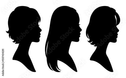 Silhouette profile of four women with different hairstyles, isolated on white background. Elegant female head profiles in various haircuts, perfect for beauty, fashion, and design themes.