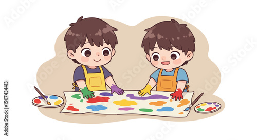 Two children painting colorful artwork together on large paper with gloves and aprons cheerful activity for creativity and fun 