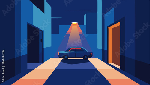 Alley Alert A police car positioned at the entrance of a narrow alley with its lights illuminating the shadows and creating a sense of tension.