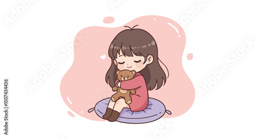 Girl hugging teddy bear on cushion with pink background in cozy warm scene 