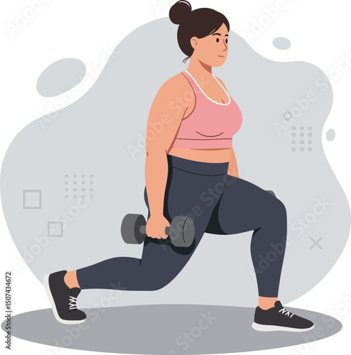 Woman exercising with dumbbells performing lunge workout in fitness routine vector illustration 