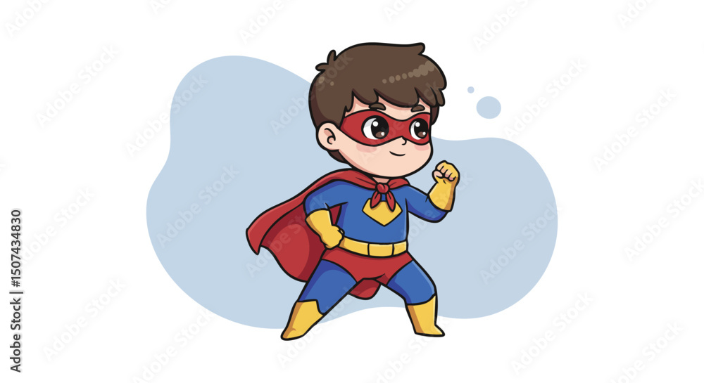 Cartoon superhero boy in red mask and cape ready for action in playful costume illustration Cartoon superhero boy in red mask and cape ready for action in playful costume illustration