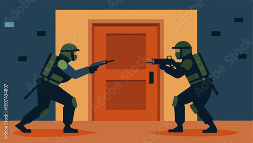 Entry Technique A pair of officers in full gear are exeing a tactical entry through a door one breaching with a battering ram while the other covers the area with a weapon drawn.