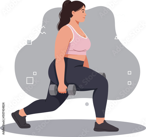 Woman exercising with dumbbells performing lunges for fitness training and strength building in home workout 