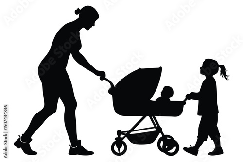 Mom Daughter Baby Stroller Silhouette Family Walk