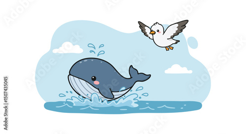 Playful whale splashing water near flying seagull over ocean waves in bright daylight 