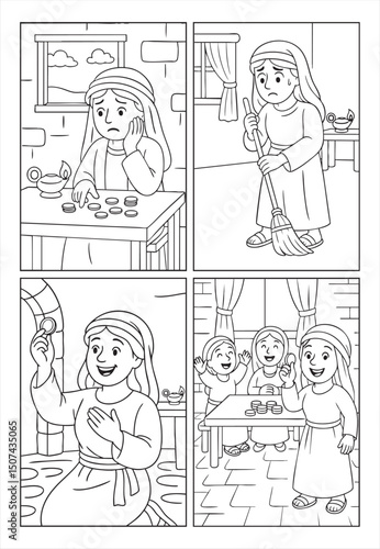 Jesus'  Parabole of the Widows Lost Coin Coloring Pages for Bible Class and Sunday School