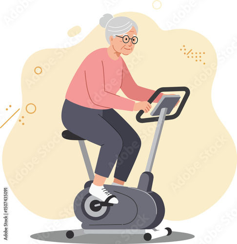 Elderly woman exercising on stationary bike indoor fitness activity for healthy lifestyle vector illustration 