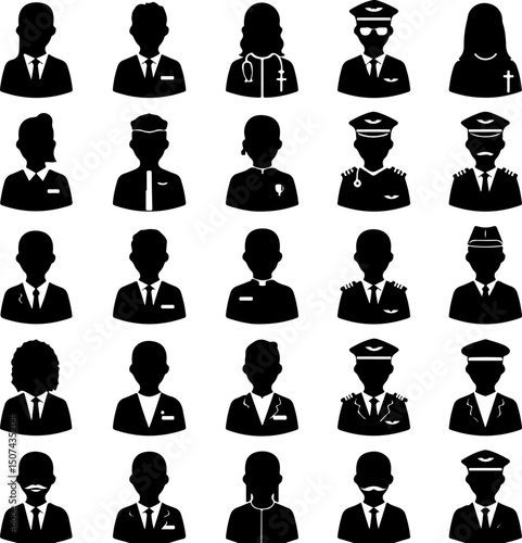 Diverse Professional Silhouette Icons for Various Occupations