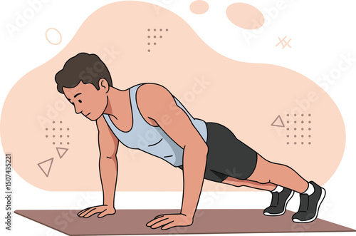 Man doing push up exercise on brown mat with light blue tank top and black shorts vector illustration