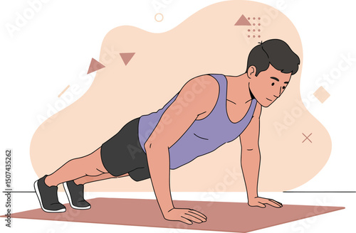 Man doing push-up exercise on fitness mat in indoor workout scene vector illustration 