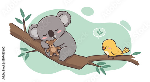 Koala hugging baby kangaroo on tree branch with yellow bird sitting nearby illustration peaceful nature scene 