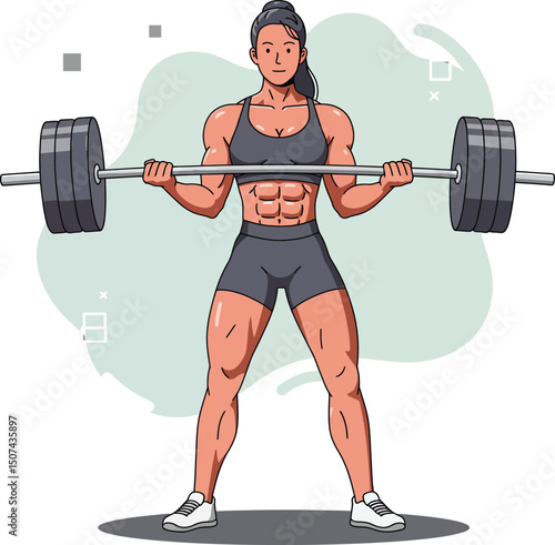 Female weightlifter lifting heavy barbell with strong muscles in gym workout training vector illustration 